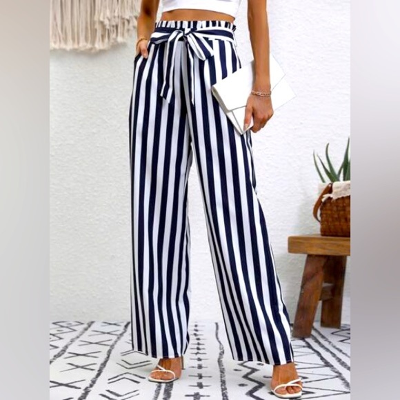 Pants - Worthington Navy and White Striped Petite Wide-Leg Pants